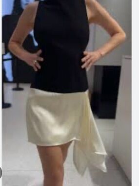 Zara Black Top with Cream Asymmetric Satin Skirt